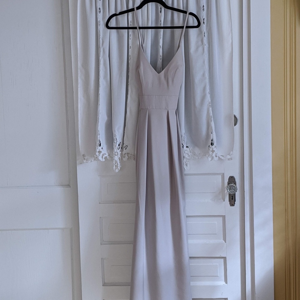 Light gray, floor length bridesmaid dress